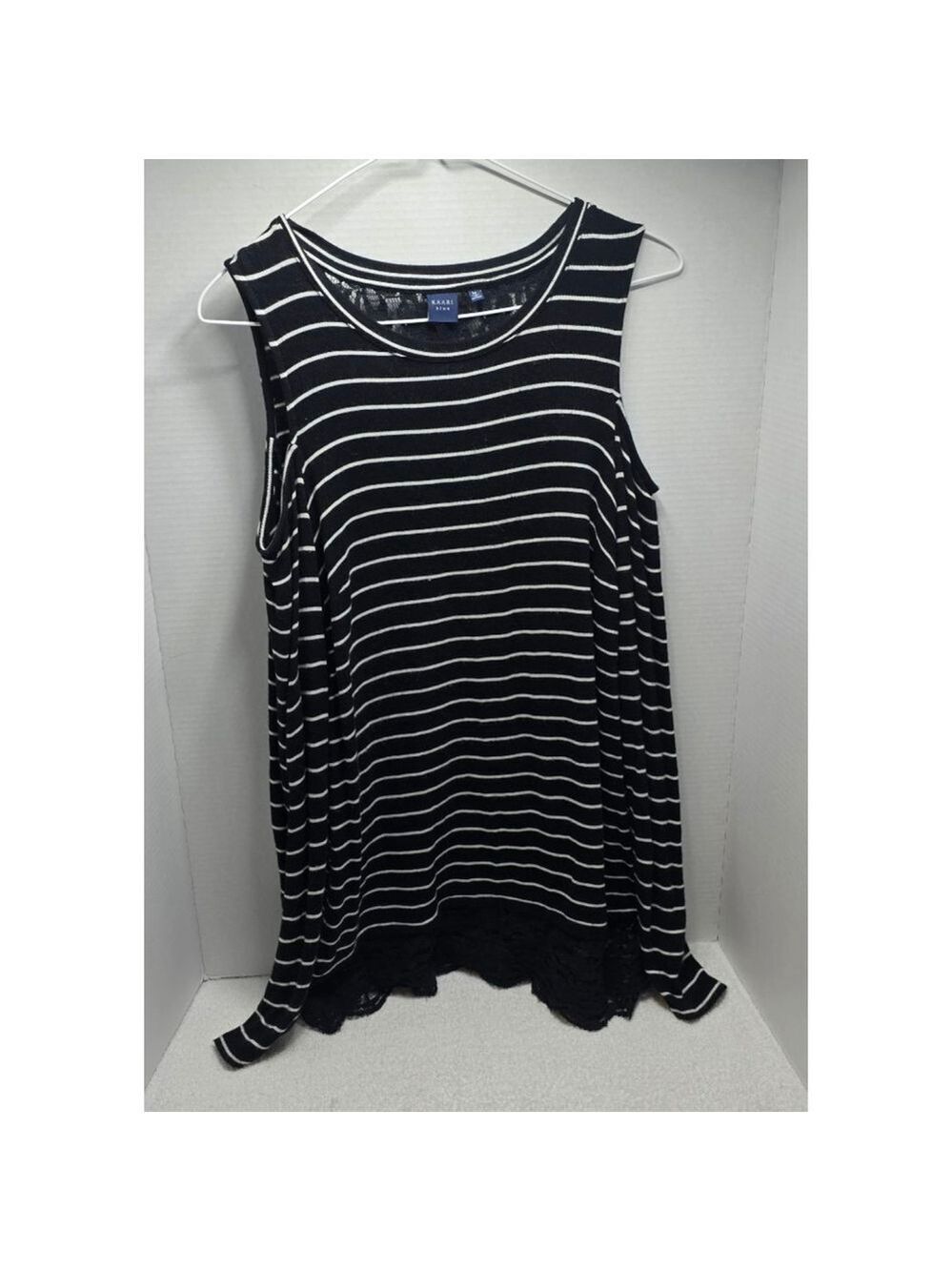 Women's KAARI blue Black & White Striped Tank Top with Lace Back M